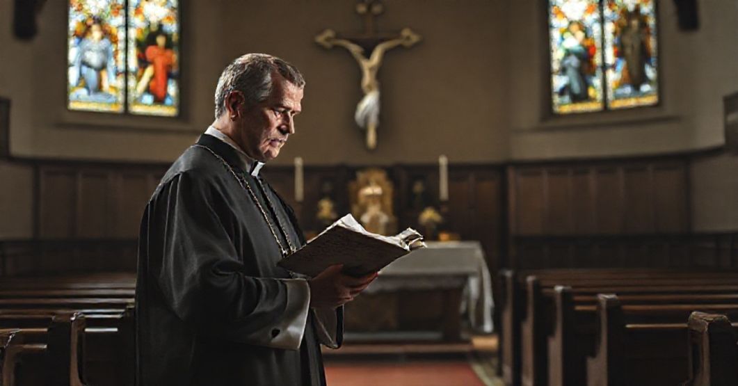 Ksiądz w ciemnym ornaty czyta zanieczyszczoną interpretację ewangelii z ciemnymi cieniom błądów w tle.