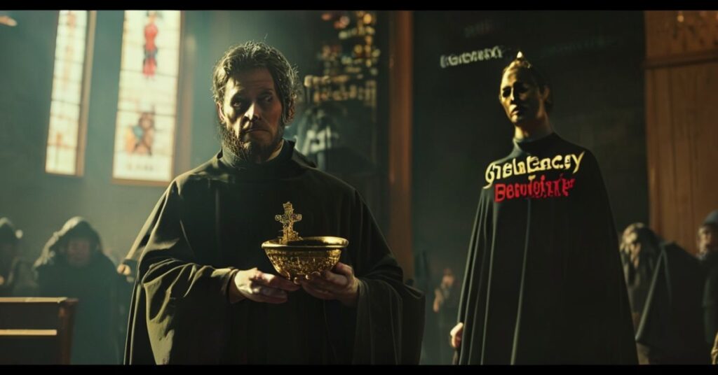 Ksiądz katolicki patrząc z żalem na afisze filmowe 'Grzesznicy' i 'Jedna bitwa po drugiej' w kościele, symbolizujący konflikt między wiarą a rewolucją kulturową Hollywood