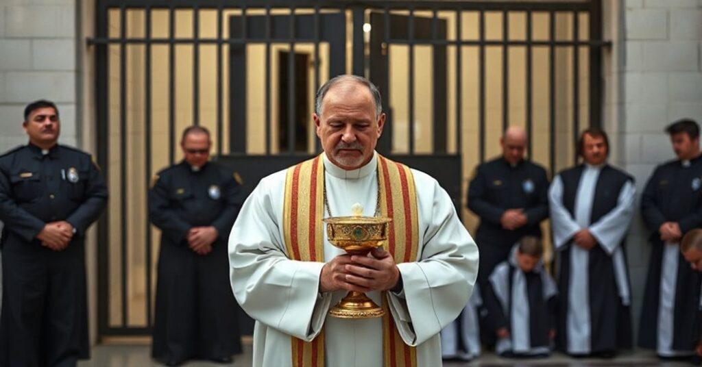 Tradycyjny ksiądz w ornaty stoi przed zamkniętymi drzwiami ośrodka detencyjnego ICE, trzymając cyborium z hostiami. Na tle kolana modlących się kapłanów i policjantów. Scena podkreśla powagę sytuacji i konflikt między wiarą a władzą.
