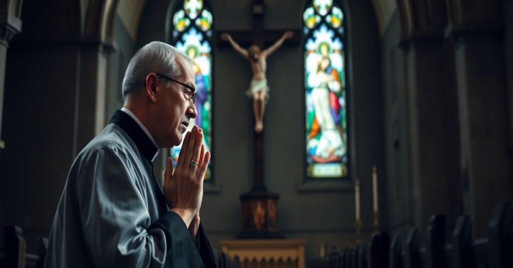 Prawdziwy katolicki ksiądz w sutannie modli się przed krzyżem w starym kościele, symbolizując cierpienie niewinnych kapłanów w nowym Kościele