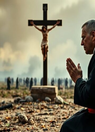 Modlitwa za pokój w Bliskim Wschodzie Ksiądz w kazalnicy modli się przed krzyżem na tle pola walki Bliskiego Wschodu