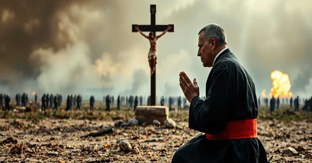 Ksiądz w kazalnicy modli się przed krzyżem na tle pola walki Bliskiego Wschodu