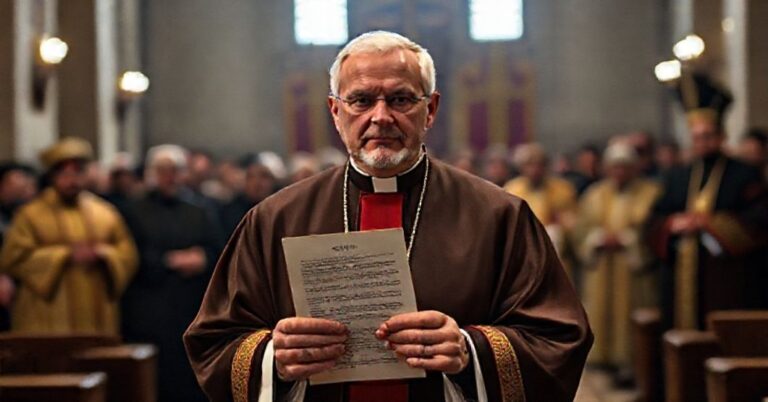 Katolicki ksiądz w tradycyjnych szatach kapłańskich trzyma dokument z Soboru Nicejskiego, na tle ekumenicznego zebrania z Sahakiem II Maszalianem i Leo XIV