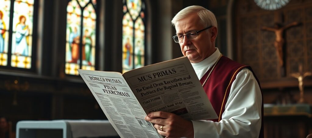 Ksiądz w tradycyjnym stroju liturgicznym trzyma encyklikę Piusa XI przy gazecie z nagłówkiem o dominacji politycznej Donalda Trumpa w Partii Republikańskiej.