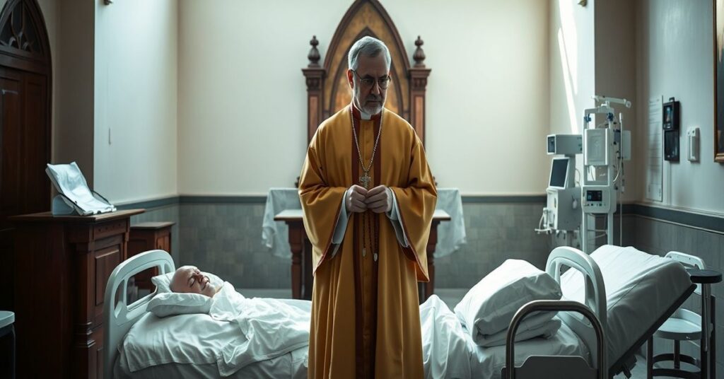 Tradycyjny ksiądz w sutannie stojący przed ołtarzem kościoła, patrzący na pacjenta w szpitalu z urządzeniami medycznymi - symbolizuje konflikt między donacją narządów a katolicką etyką