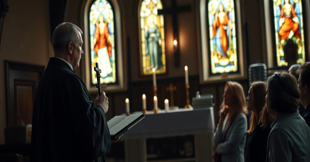 Tradycyjny ksiądz katolicki w sutannie stoi przed ołtarzem w ściennym kościele polskim i przemawia do grupki wiernych o kryzysie duchowym w współczesnych akcjach humanitarnych.