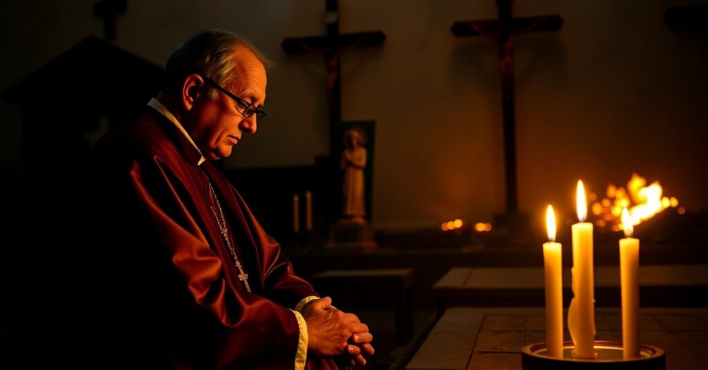 Tradycyjny katolicki ksiądz w liturgicznych szatach modli się przed krzyżem z zapaloną świecą na tle spalonego kościoła.