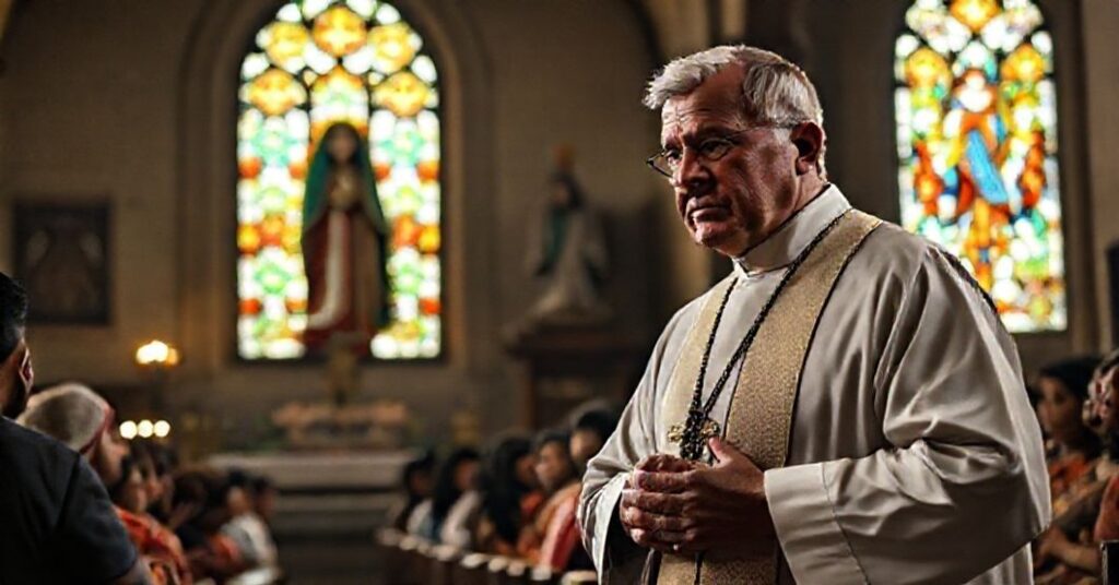 Tradycyjny ksiądz katolicki stoi z troską przed grupą plemion rdzennych uczestniczących w rytuałach pogańskich w starym kościele