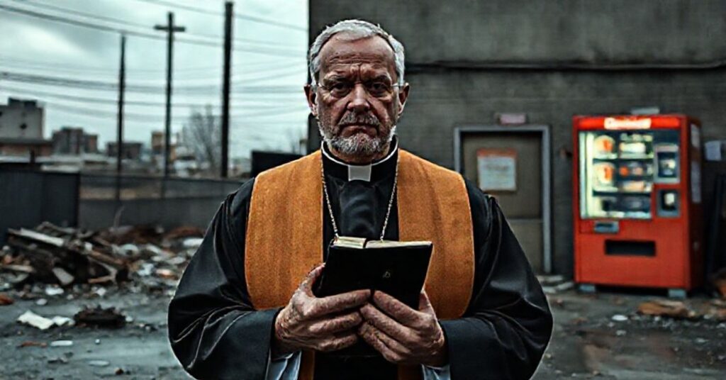 Ksiądz w tradycyjnym habitacie stoi przed centrum dystrybucji fajek do cracku finansowanych przez rząd, wyrażając głęboki żal i potępienie.