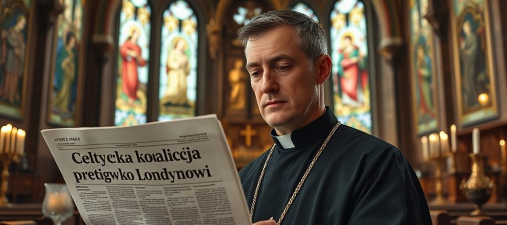 Katolicki ksiądz w tradycyjnym kościele z oknami witrażowymi przedstawiającymi celtyckich świętych