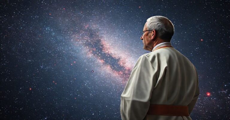 Ksiądz w tradycyjnych szatach liturgicznych kontempluje tajemnicze czerwone kropki we wszechświecie widziane przez Teleskop Jamesa Webba
