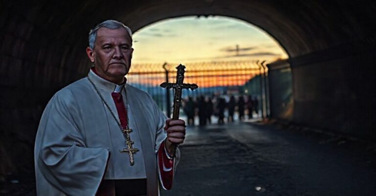 Ksiądz w tradycyjnych szatach kościelnych stoi przy ogrodzeniu granicy polsko-białoruskiej z krzyżem, symbolizując obronę Królestwa Chrystusowego przed nielegalną migracją.