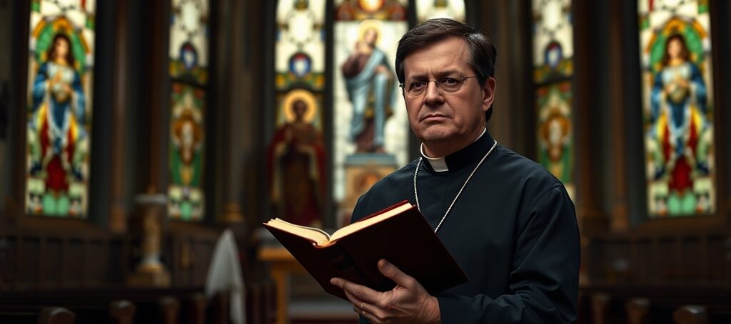 Obraz przedstawiający tradycyjnego katolickiego księdza w ciemnej sutannie w kościele, trzymającego zamkniętą Biblię z poważnym wyrazem twarzy. Na tle widoczny jest rozmyty obraz Stephena Colberta z mikrofonem, symbolizujący jego proaborcyjne i nowożytne przekonania. Scena kontrastuje święte z profanum, podkreślając duchową degradację w strukturach posoborowych.