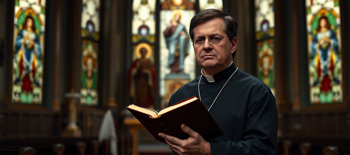 Ksiądz i heretyk - duchowa ohyda w strukturach okupujących Watykan Obraz przedstawiający tradycyjnego katolickiego księdza w ciemnej sutannie w kościele, trzymającego zamkniętą Biblię z poważnym wyrazem twarzy. Na tle widoczny jest rozmyty obraz Stephena Colberta z mikrofonem, symbolizujący jego proaborcyjne i nowożytne przekonania. Scena kontrastuje święte z profanum, podkreślając duchową degradację w strukturach posoborowych.
