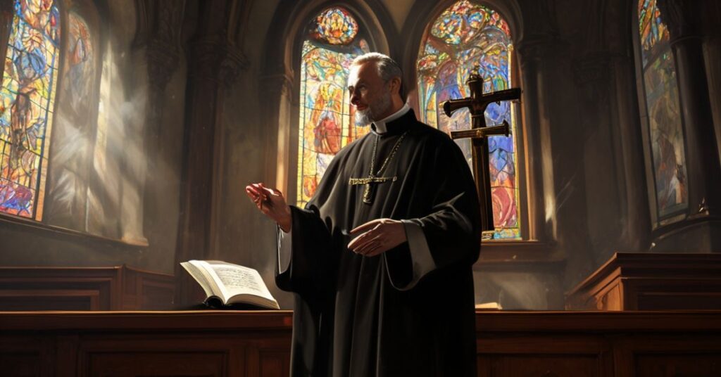 Ksiądz w tradycyjnych szatach kościelnych patrzy z troską na książkę psychologiczną na ołtarzu w ciemnej kaplicy