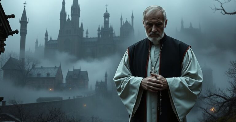 Książę kapłan w tradycyjnej szacie liturgicznej stoi przed ciemnym, mgłowym miastem, trzymając różaniec. Architektura miasta i przerażająca atmosfera symbolizują moralny upadek promowany przez serię "Silent Hill". Wyraz twarzy księży wyraża głęboki smutek i ostrzeżenie duchowe, podkreślając niebezpieczeństwo subiektywnej moralności i wpływów okultystycznych w współczesnej kulturze.