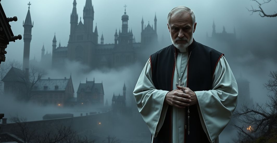 Książę kapłan w tradycyjnej szacie liturgicznej stoi przed ciemnym, mgłowym miastem, trzymając różaniec. Architektura miasta i przerażająca atmosfera symbolizują moralny upadek promowany przez serię "Silent Hill". Wyraz twarzy księży wyraża głęboki smutek i ostrzeżenie duchowe, podkreślając niebezpieczeństwo subiektywnej moralności i wpływów okultystycznych w współczesnej kulturze.