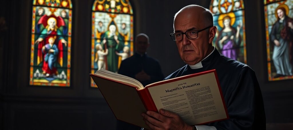 Tradycyjny ksiądz katolicki w kościele z encykliką Leon XIV i cieniem JD Vance'a na tle