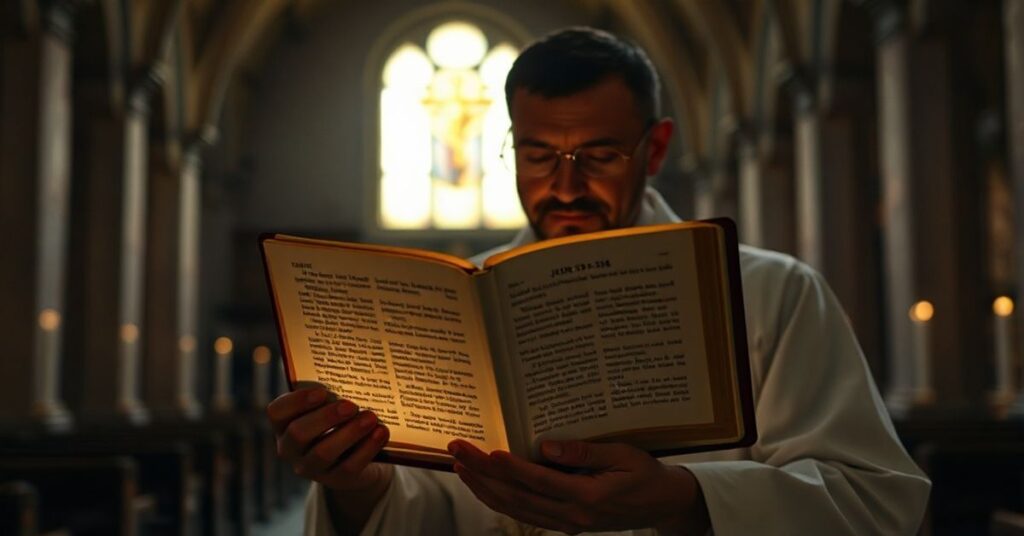 Tradycyjny ksiądz katolicki w ciemnym kościele rozważający Ewangelię według św. Jana w kontekście herezji modernizmu.