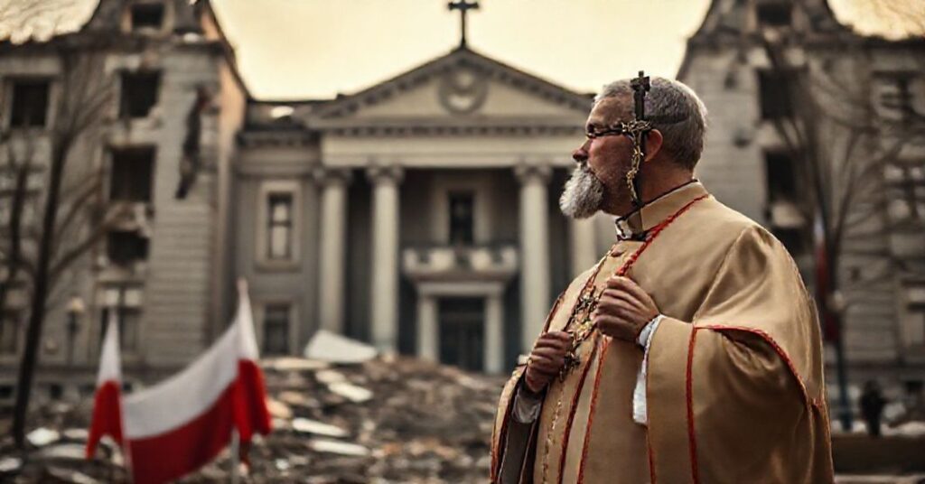 Tradycyjny ksiądz katolicki w ornacie stojący przed uszkodzonym budynkiem rządowym w Polsce, trzymający krzyż w rąkach. Scena symbolizuje potrzebę duchowej ochrony kraju przed zagrożeniami