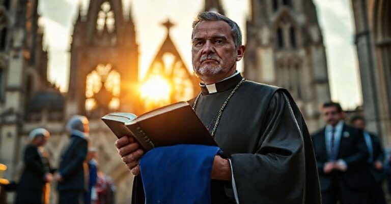 Ksiądz katolicki w tradycyjnych szatach liturgicznych stoi przed katedrą gotycką trzymając Biblię i flagę Unii Europejskiej owiniętą łańcuchami. EU karze platformę X za naruszenie wolności słowa.