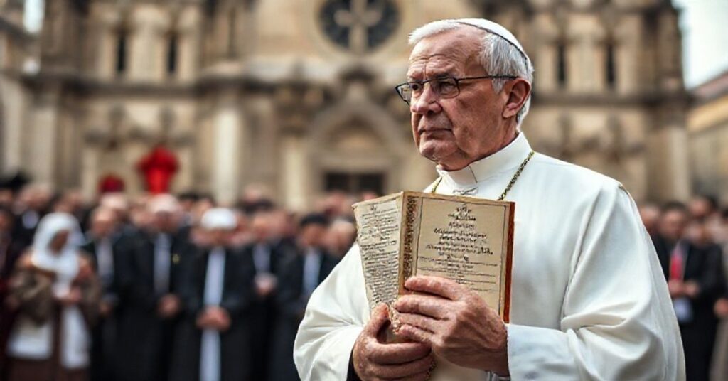 Tradycyjny ksiądz katolicki stoi przed kościołem ze starą kopią encykliki "Mortalium Animos" Piusa XI na tle ekumenicznego zgromadzenia.