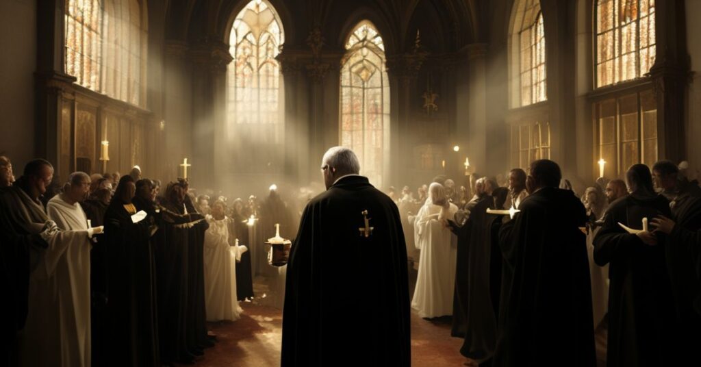 Sobótni katolicki ksiądz w tradycyjnych szatach liturgicznych stoi przed ponurym wnętrzem kościoła, trzymając krzyż podczas marszu żałobnego rodziców noszących białe woskowe świece i małe krzyże.