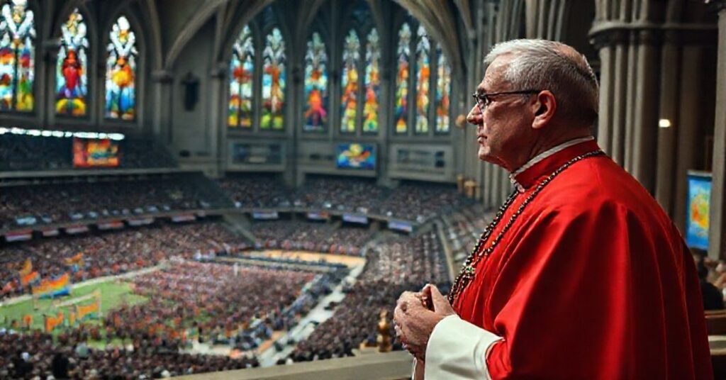 Ksiądz katolicki w katedrze patrzy z obawą na stadion podczas meczu Pride Match.