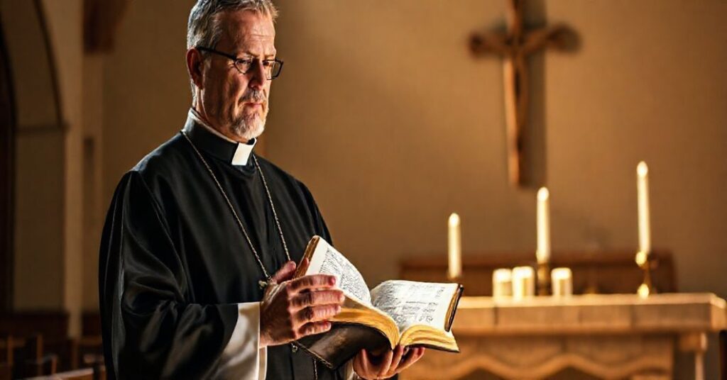 Ksiądz katolicki w tradycyjnym stroju w cichym kościele, przyglądając się Biblii, symbolizujący niebezpieczeństwo prywatnych objawień i konieczność prawdziwego Kościoła w procesie nawrócenia.