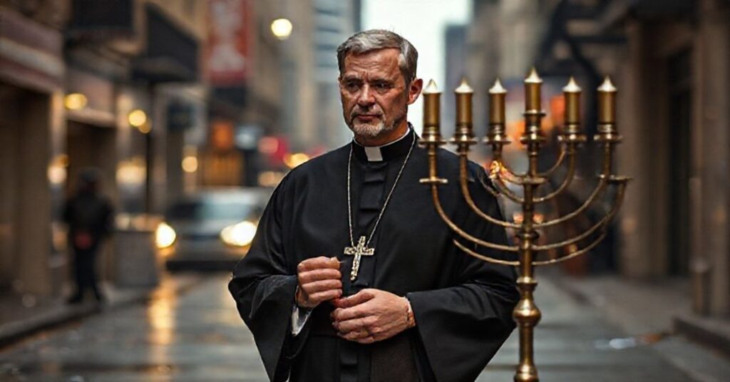 Ksiądz katolicki w tradycyjnym habitach stojący na ulicy w Sydney po ataku, trzymający krzyż i patrząc z głębokim smutkiem na chanukiję