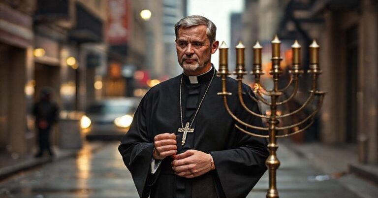 Ksiądz katolicki w tradycyjnym habitach stojący na ulicy w Sydney po ataku, trzymający krzyż i patrząc z głębokim smutkiem na chanukiję