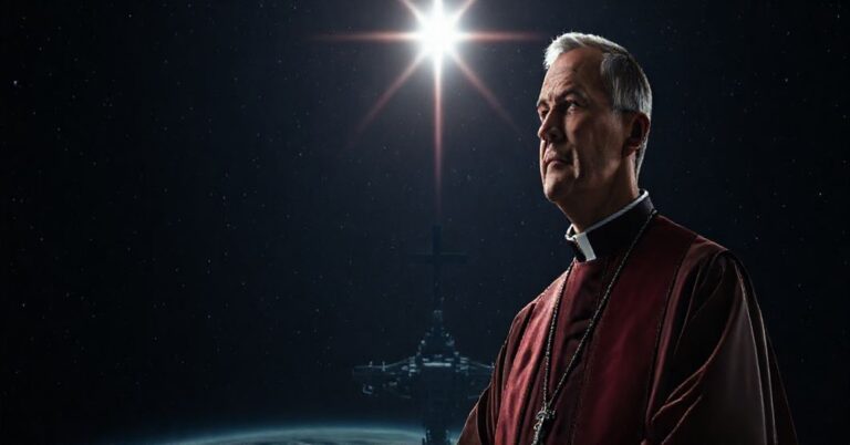 Ksiądz w tradycyjnych szatach kapłańskich patrzy z troską na kosmiczną stację, symbolizującą pychę technokratyczną i zapomnienie o Królestwie Chrystusa.