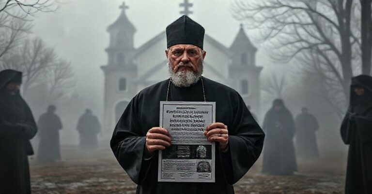 Sobieżny obraz przedstawiający księdza Leszka Krycę przed zniszczonym wschodnim kościołem prawosławnym, symbolizujący brak prawdziwej misji ewangelizacyjnej w nowoczesnych programach pomocowych.