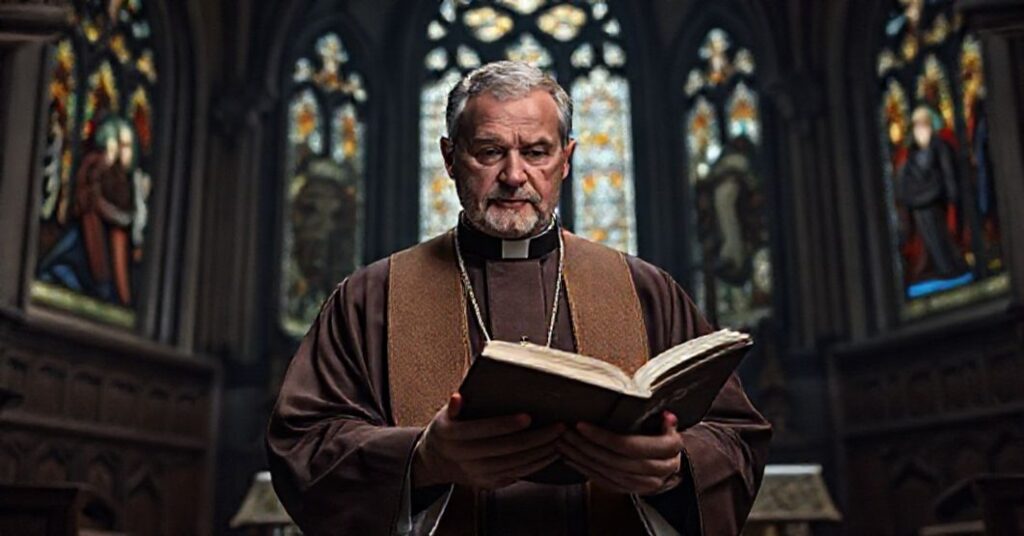 Tradycyjny ksiądz w liturgycznych szatach przed ołtarzem kościoła gotyckiego z troskliwym wyrazem twarzy