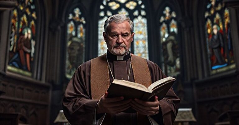 Tradycyjny ksiądz w liturgycznych szatach przed ołtarzem kościoła gotyckiego z troskliwym wyrazem twarzy