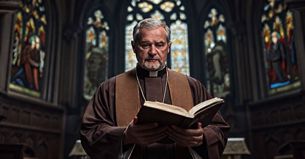 Tradycyjny ksiądz w liturgycznych szatach przed ołtarzem kościoła gotyckiego z troskliwym wyrazem twarzy