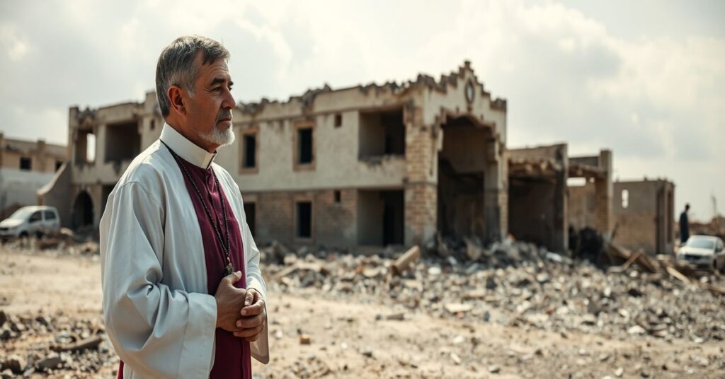 Ksiądz w tradycyjnym habitach modli się nad ruinami szkoły w Minab w Iranie po bombardowaniu