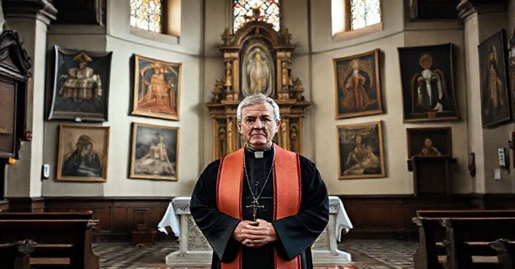 Ksiądz w tradycyjnych szatach liturgicznych stoi przed pustym ołtarzem w historycznym kościele polskim, z wizerunkami zrabowanych dzieł sztuki sakralnej na ścianach.