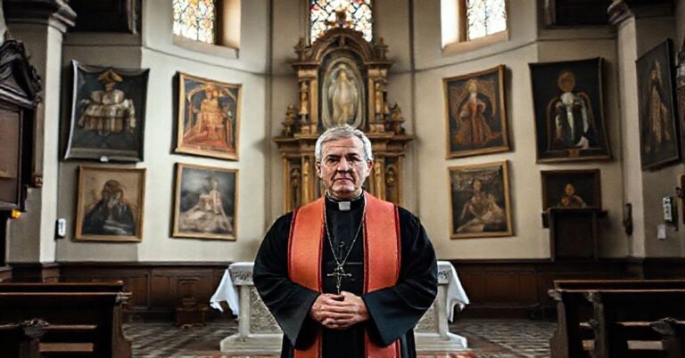 Ksiądz w tradycyjnych szatach liturgicznych stoi przed pustym ołtarzem w historycznym kościele polskim, z wizerunkami zrabowanych dzieł sztuki sakralnej na ścianach.