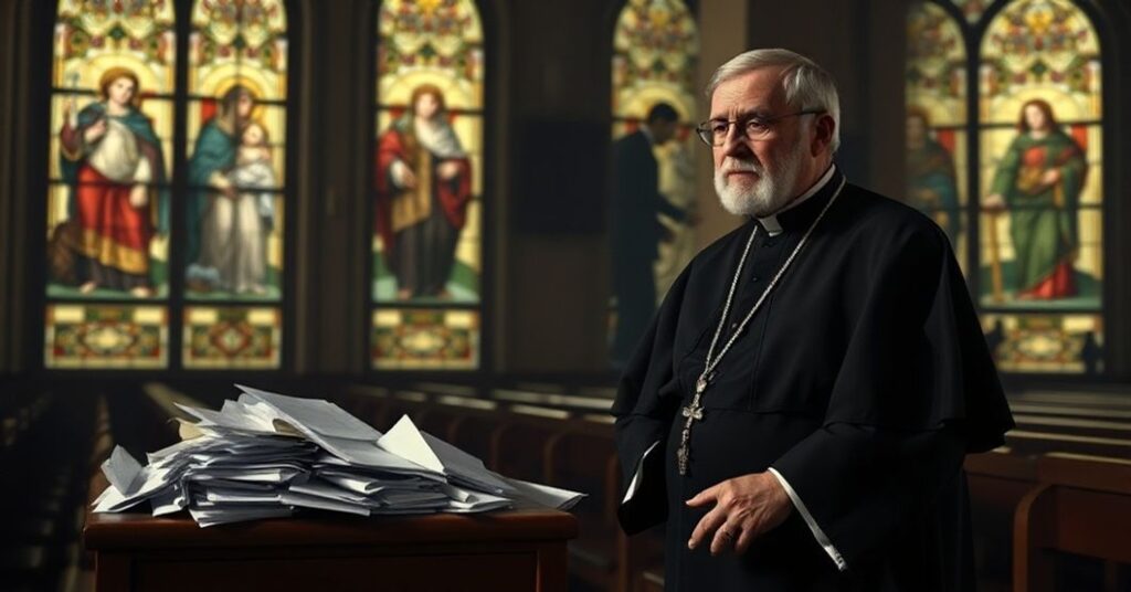 Katolicki ksiądz w tradycyjnym stroju modli się w ciemnym kościele przy rosariuszu przed dokumentami funduszu sprawiedliwości.