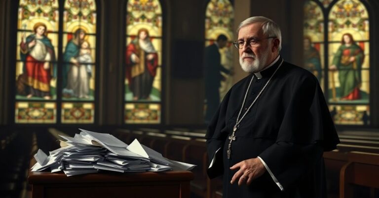 Katolicki ksiądz w tradycyjnym stroju modli się w ciemnym kościele przy rosariuszu przed dokumentami funduszu sprawiedliwości.