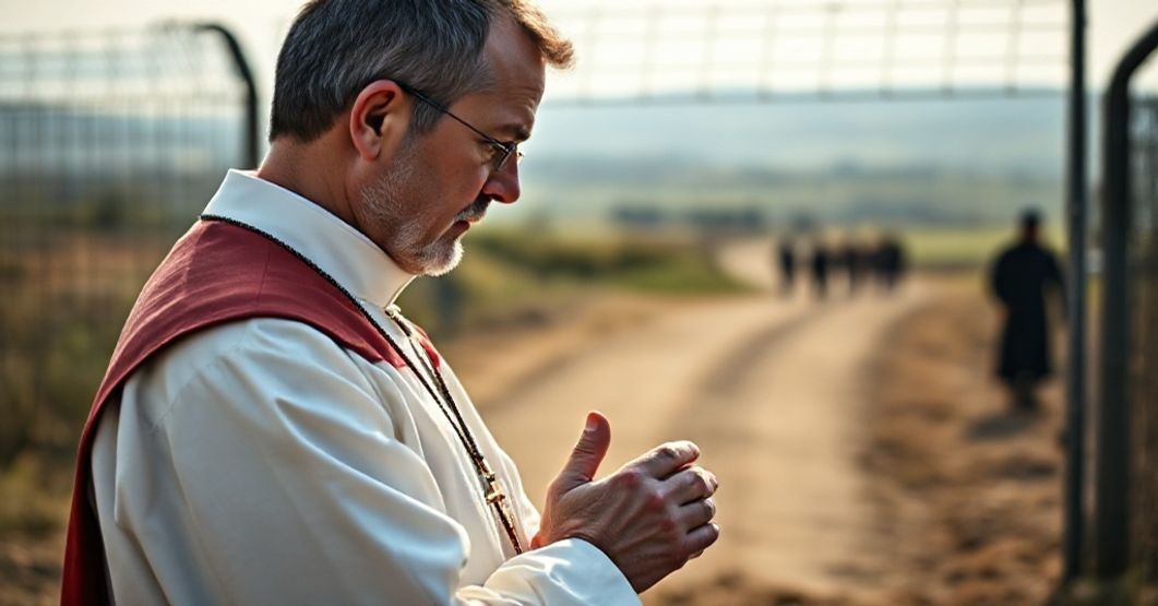 Ksiądz w tradycyjnym stroju kapłańskim modli się przed granicą Litwy i Białorusi, symbolizując duchową odpowiedź na kryzys graniczny.
