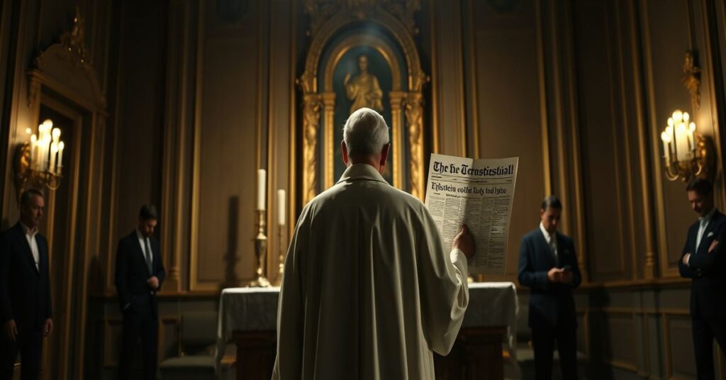 Ksiądz w sutannie modli się przed ołtarzem przy świetle świec w obecności artykułu o skandalu Epsteina na tle moralnego upadku