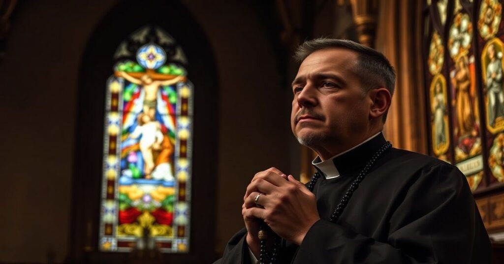 Tradycyjny katolicycki ksiądz modli się w ciemnym kościele z różańcem w dłoni, z oknem witrażowym przedstawiającym Ukrzyżowanie na tle.