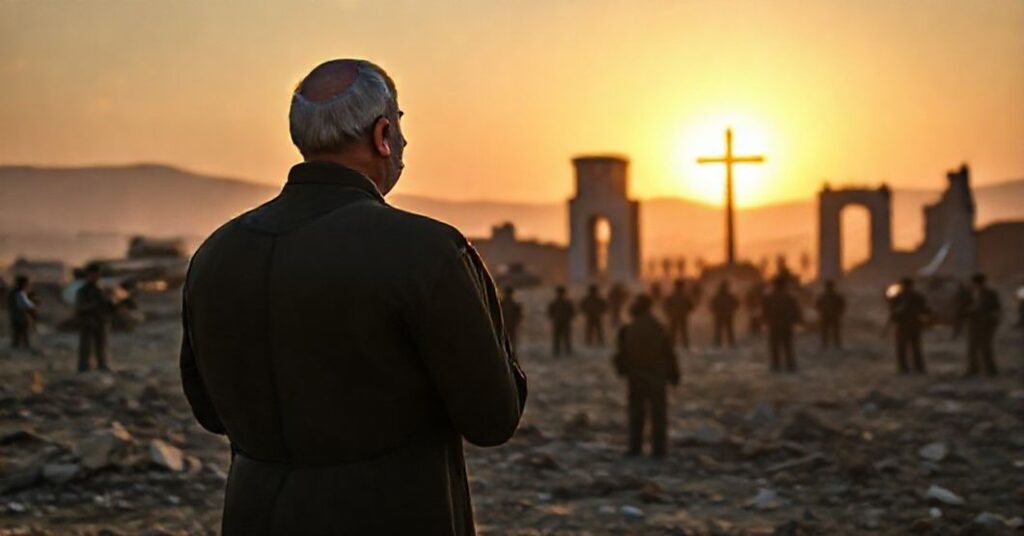 Ksiądz katolicki modli się przed wojenną sceną między Pakistanem a Indiami