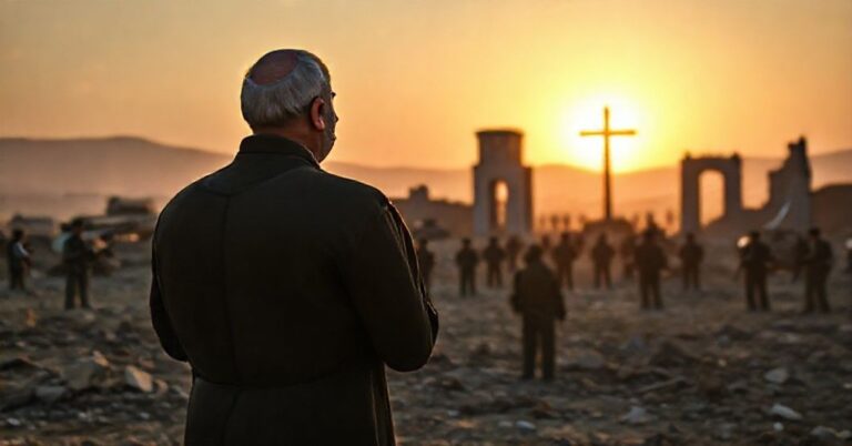 Ksiądz katolicki modli się przed wojenną sceną między Pakistanem a Indiami