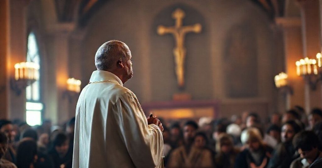 Tradycyjny ksiądz katolicki w liturgicznym stroju trzyma krzyż w rękach, patrząc z troską na cierpiących ludzi. Scena podkreśla redukcję ewangelizacji do humanitaryzmu w neo-kociole.