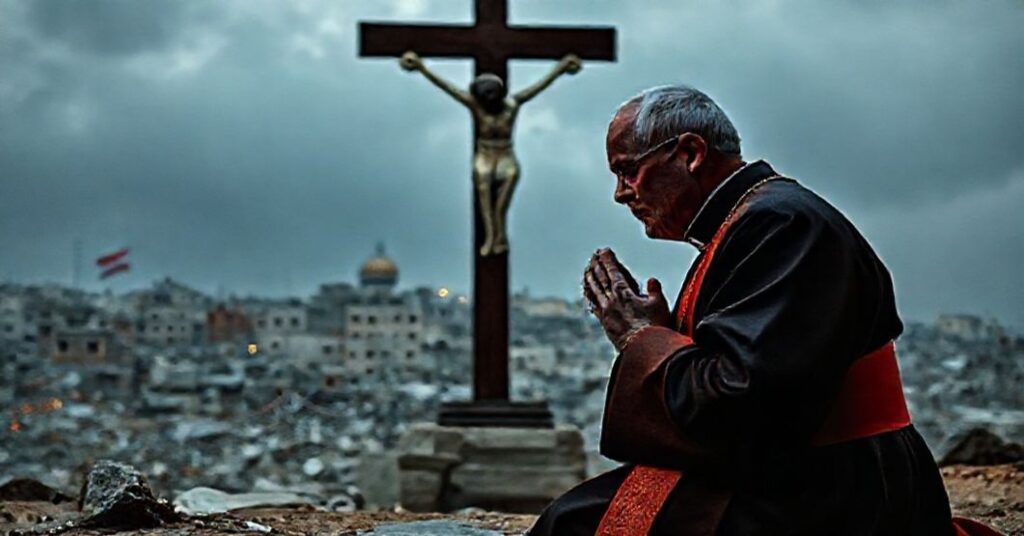Książ katolicki modliący się przed krzyżem na tle zniszczeń w Strefie Gazy.