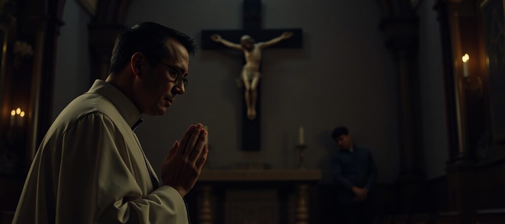 Ksiądz modli się w ciemnej kaplicy z krzyżem i obrazy religijne w tle.