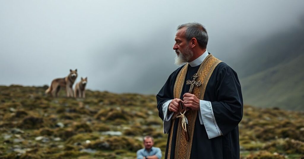 Katolicki ksiądz w tradycyjnych szatach liturgicznych stoi na tle gór Słowackich z krzyżem w ręku, patrząc na wilki na odległość. Scena podkreśla boski porządek i odpowiedzialność za stworzenie Boga.